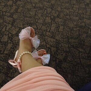 Elegant Pink Open Toe Heels with Pearl Accents